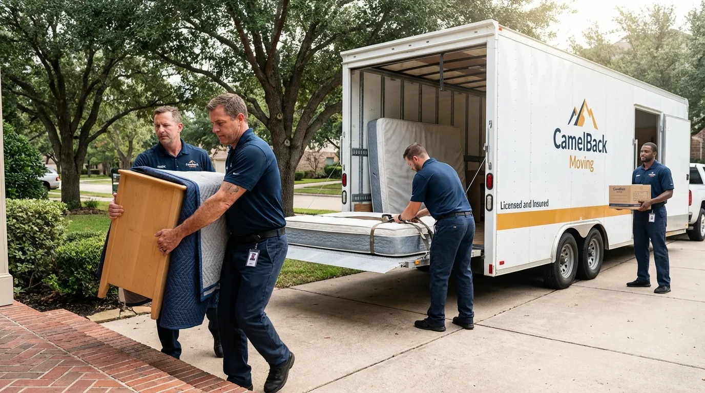Crew loading residential truck for cross-state move from Montara, CA