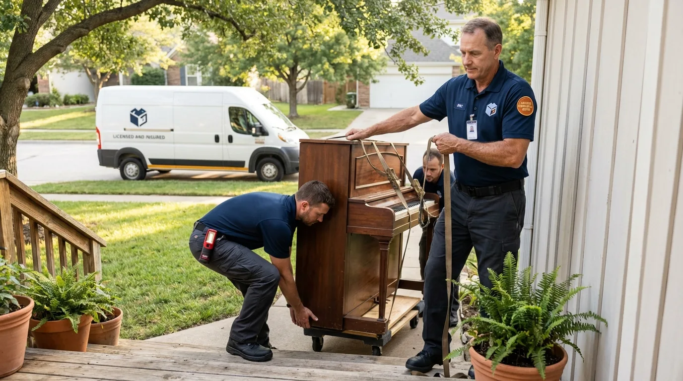Licensed piano movers securing grand piano in Montara, CA
