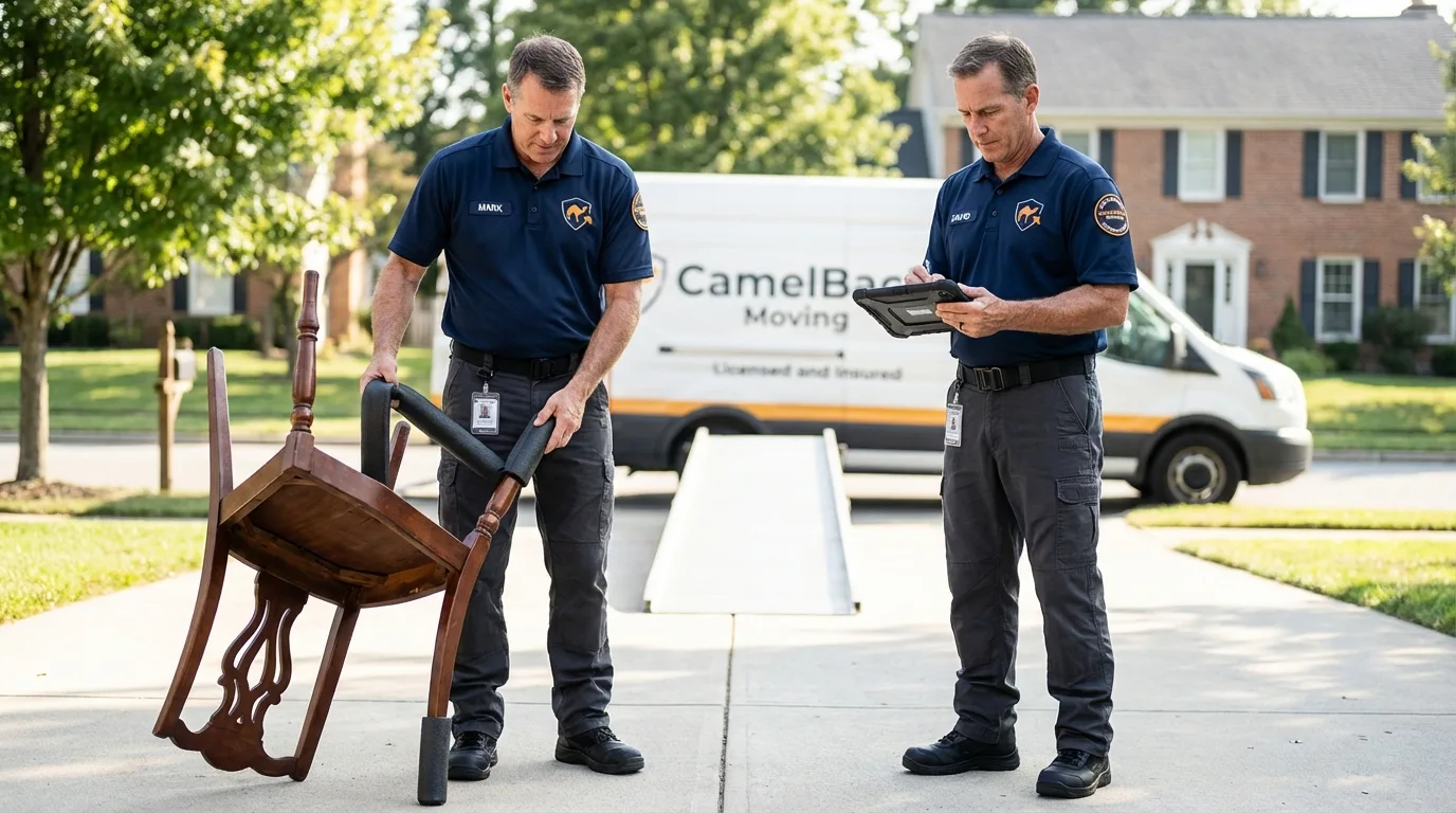 Movers inspecting furniture for damage prevention before loading in Montara, CA