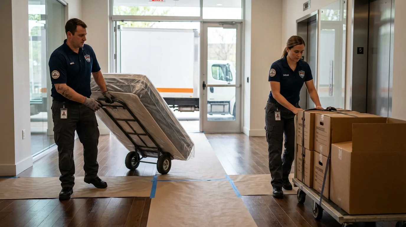 Professional apartment movers loading elevator in Montara, CA